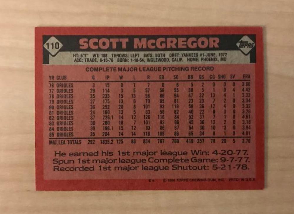 SCOTT MCGREGOR BALTIMORE ORIOLES SIGNED AUTOGRAPHED 1986 TOPPS CARD #110 W/COA