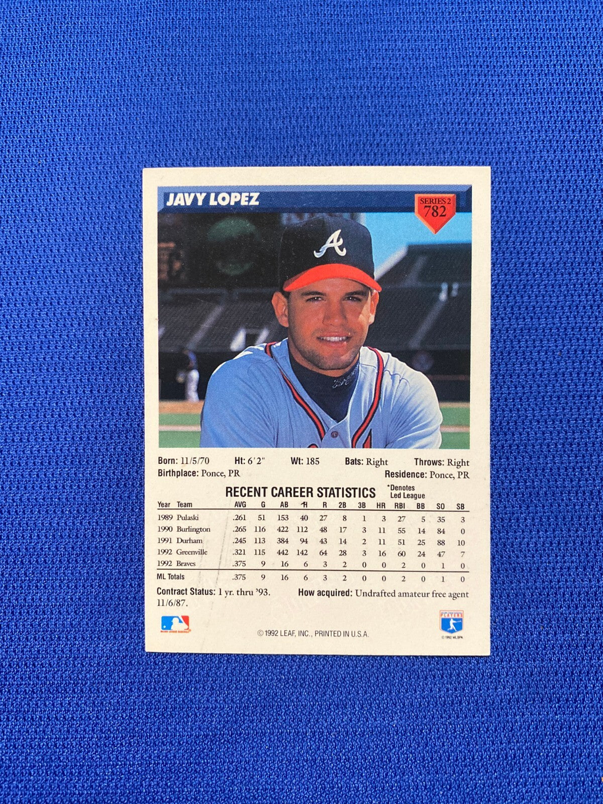 1993 DONRUSS JAVY LOPEZ ATLANTA BRAVES SIGNED AUTOGRAPHED #782 CARD W/COA *