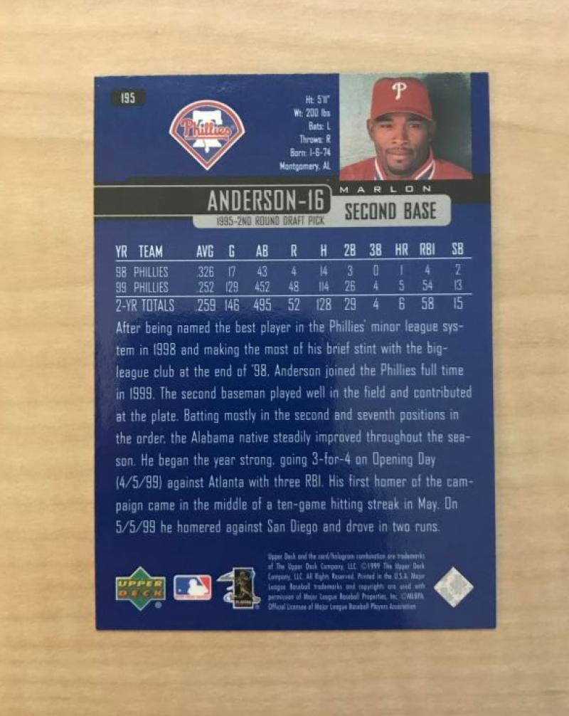 MARLON ANDERSON PHILADELPHIA PHILLIES SIGNED 2000 UPPER DECK CARD #195 W/COA