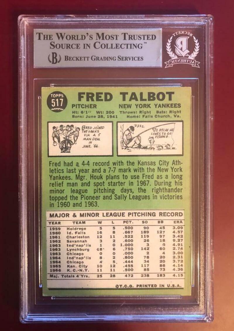 1967 TOPPS FRED TALBOT #517 YANKEES SIGNED CARD BECKETT AUTHENTIC AUTO VINTAGE