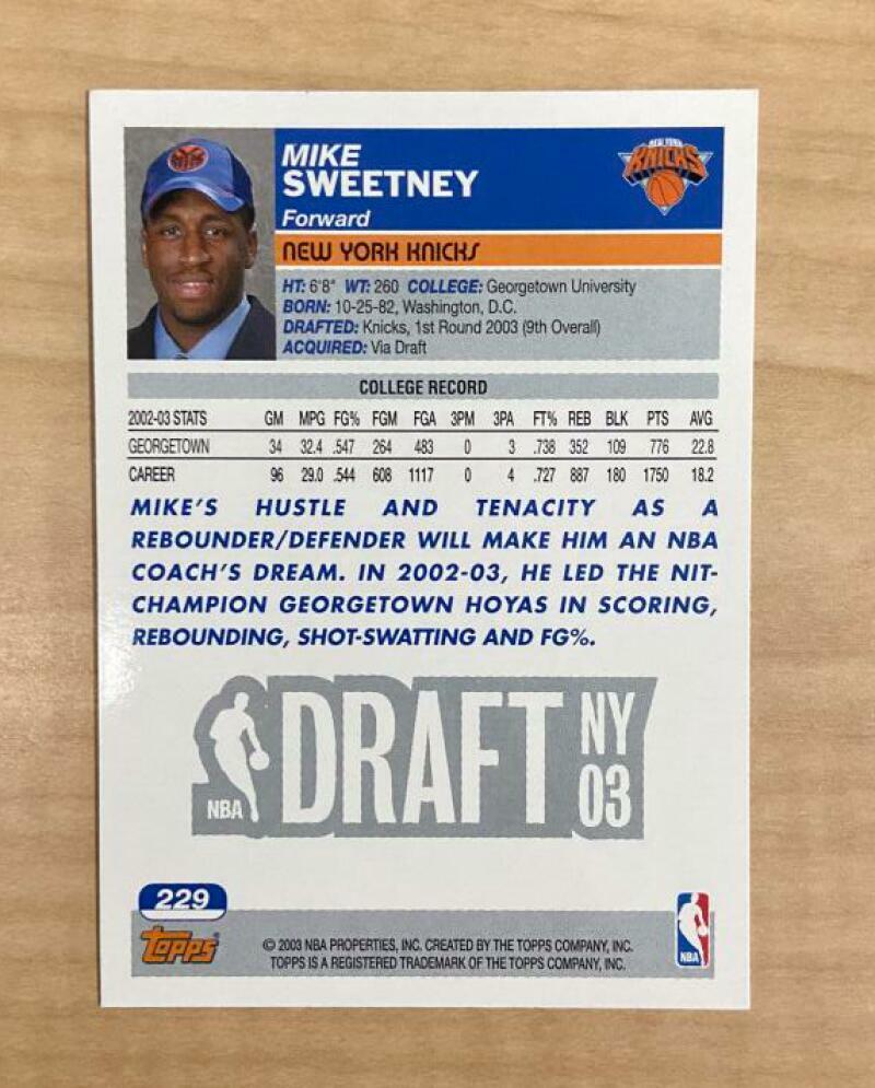 MIKE SWEETNEY NEW YORK KNICKS SIGNED AUTOGRAPHED 03-04 TOPPS CARD #229 W/COA