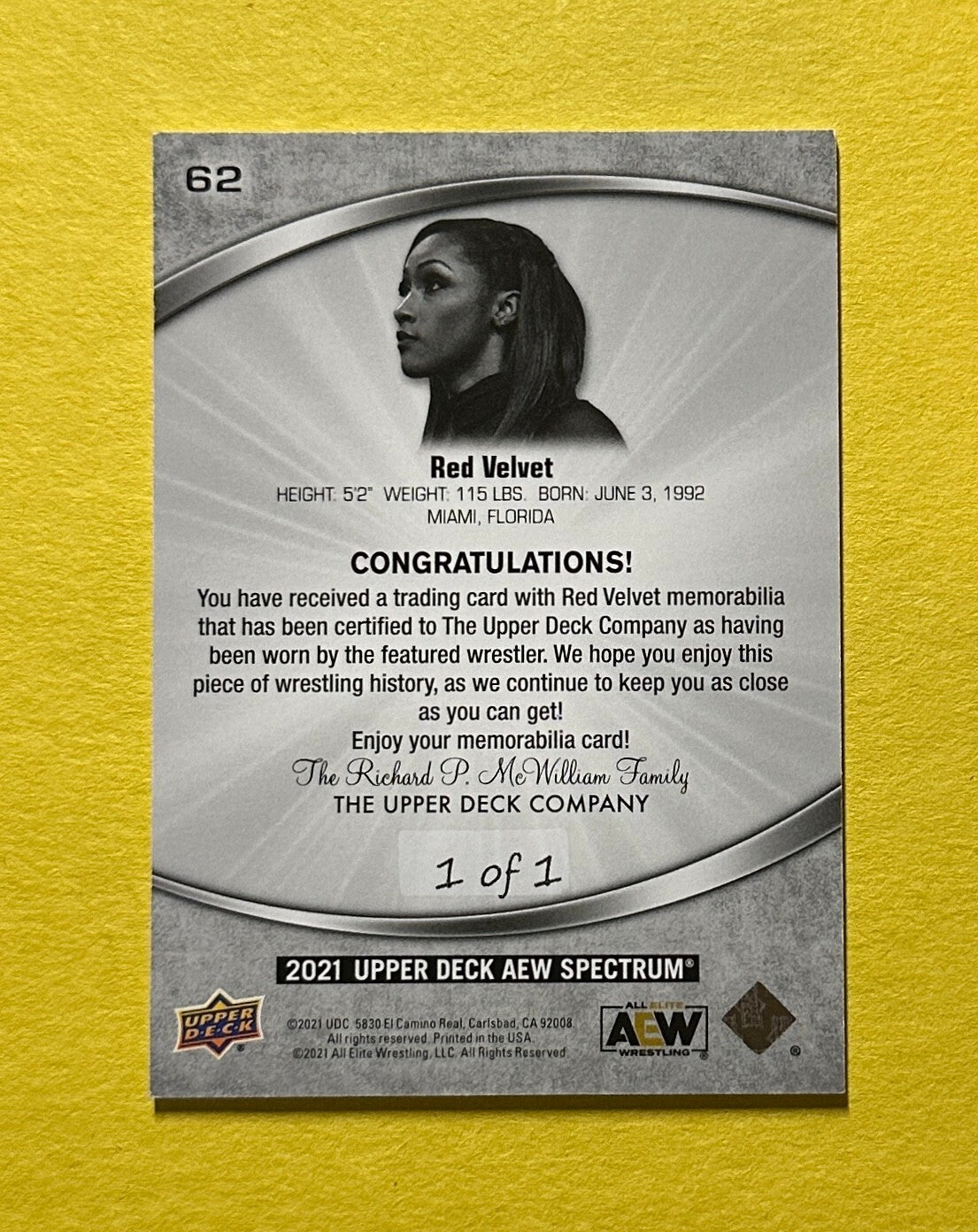 2021 UPPER DECK AEW SPECTRUM RED VELVET PATCH 1/1 #62