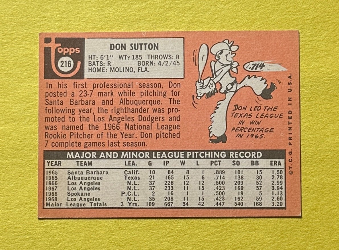 1969 TOPPS DON SUTTON #216 DODGERS HOF