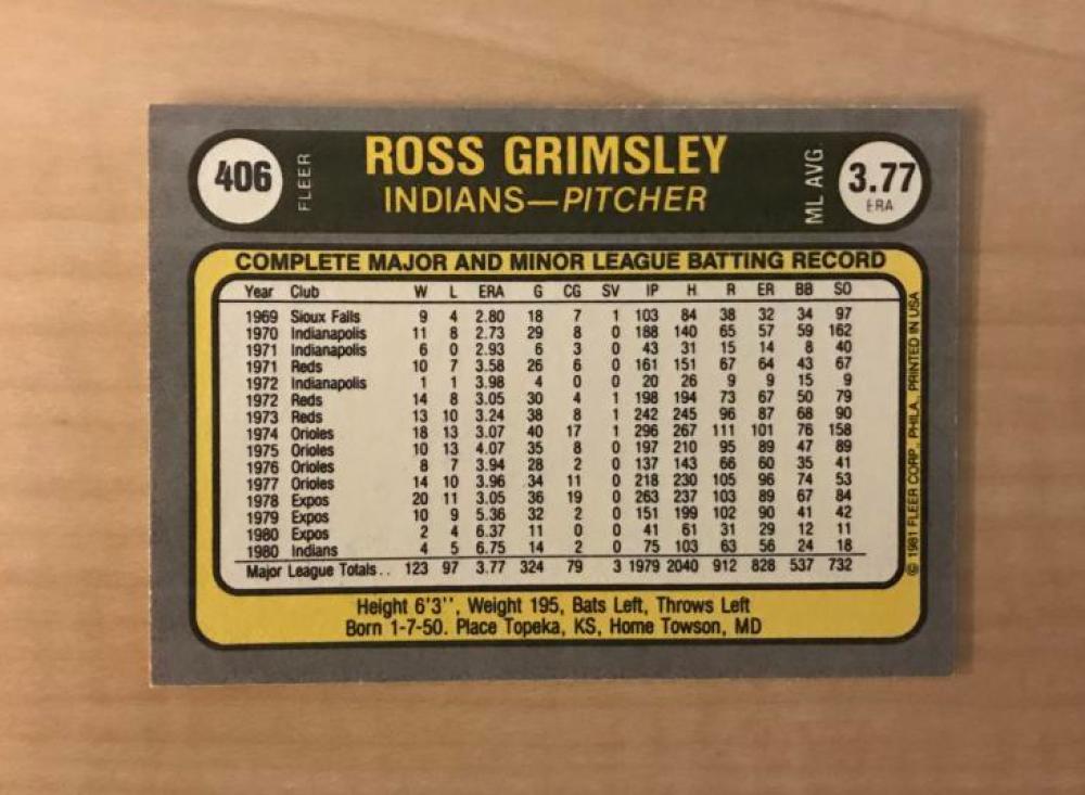 ROSS GRIMSLEY CLEVELAND INDIANS SIGNED AUTOGRAPHED 1981 FLEER CARD #406 W/COA 