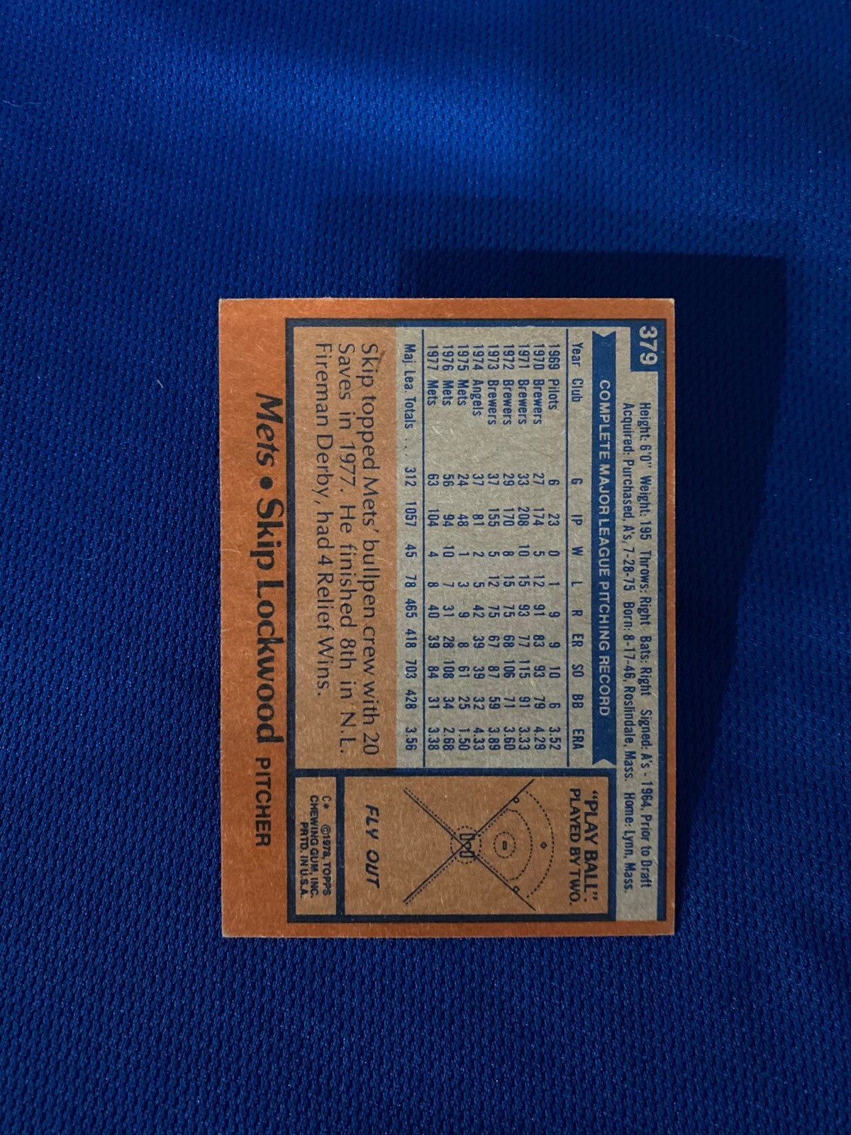 1978 TOPPS SKIP LOCKWOOD NEW YORK METS AUTOGRAPHED SIGNED CARD #379 W/COA