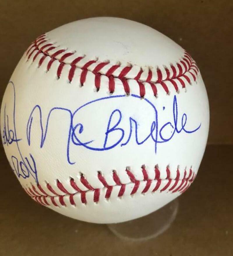 BAKE MCBRIDE 1974 ROY CARDINALS SIGNED AUTOGRAPHED M.L. BASEBALL BECKETT Y12598