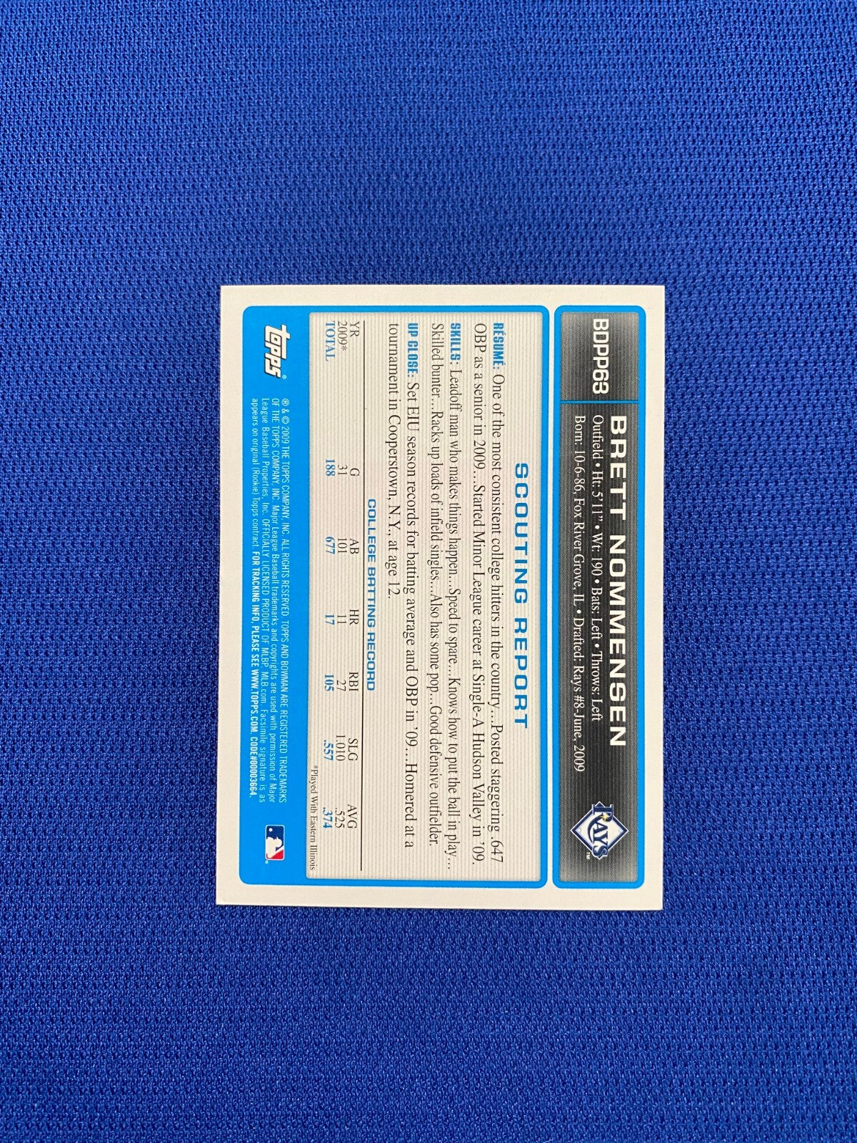 2009 BOWMAN DP BRETT NOMMENSEN TB RAYS AUTO SIGNED GOLD RC CARD #BDPP63 W/COA