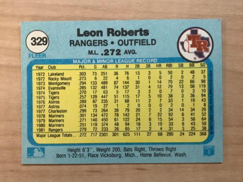 LEON ROBERTS TEXAS RANGERS SIGNED AUTOGRAPHED 1982 FLEER CARD #329 W/COA
