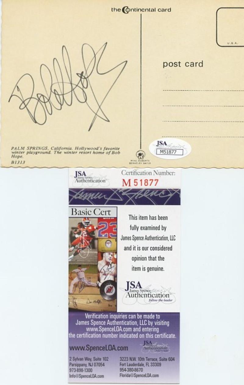 BOB HOPE COMEDIAN ACTOR GREAT  SIGNED POSTCARD W/COA JSA M51877