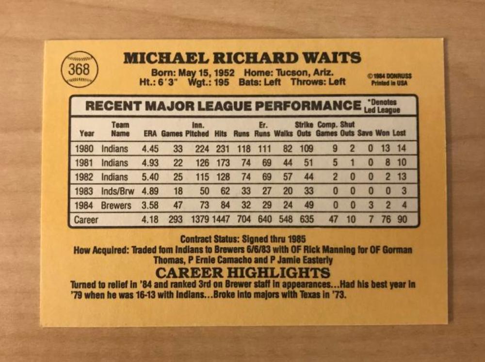 RICK WAITS MILWAUKEE BREWERS SIGNED AUTOGRAPHED 1985 DONRUSS CARD #368 W/COA