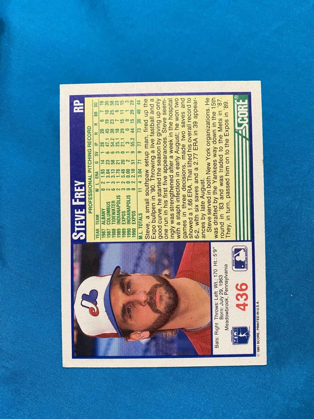 1991 SCORE STEVE FREY MONTREAL EXPOS AUTOGRAPHED SIGNED CARD #436 W/COA
