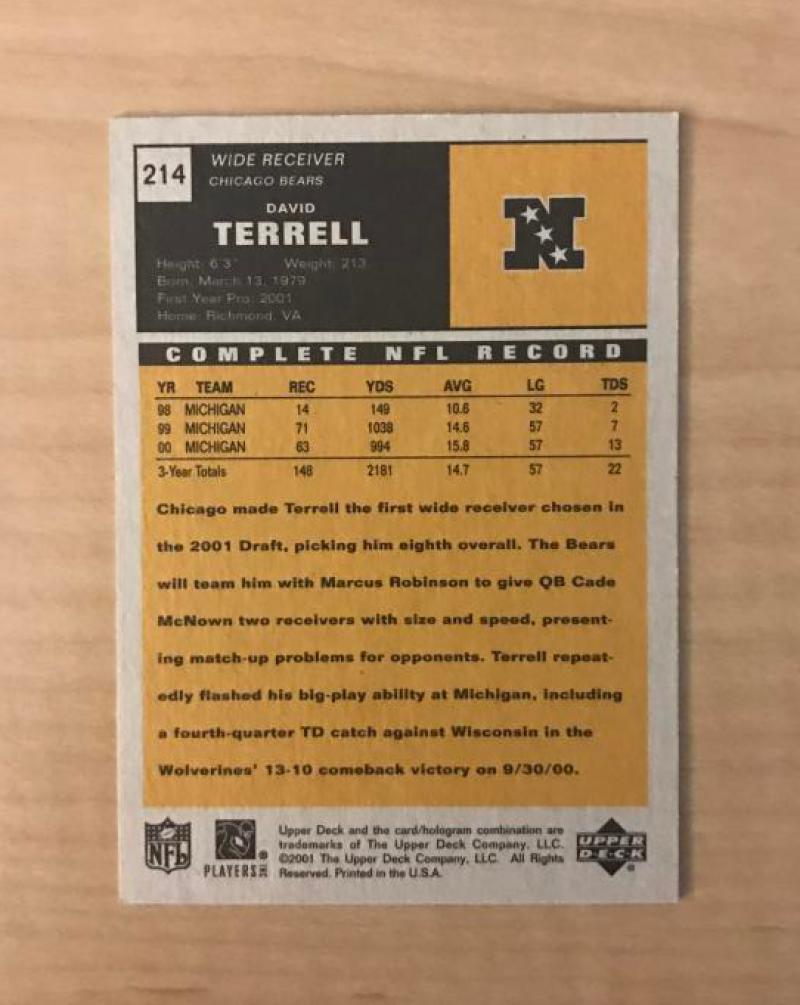 DAVID TERRELL CHICAGO BEARS SIGNED 2001 UPPER DECK CARD VINTAGE #214 W/COA