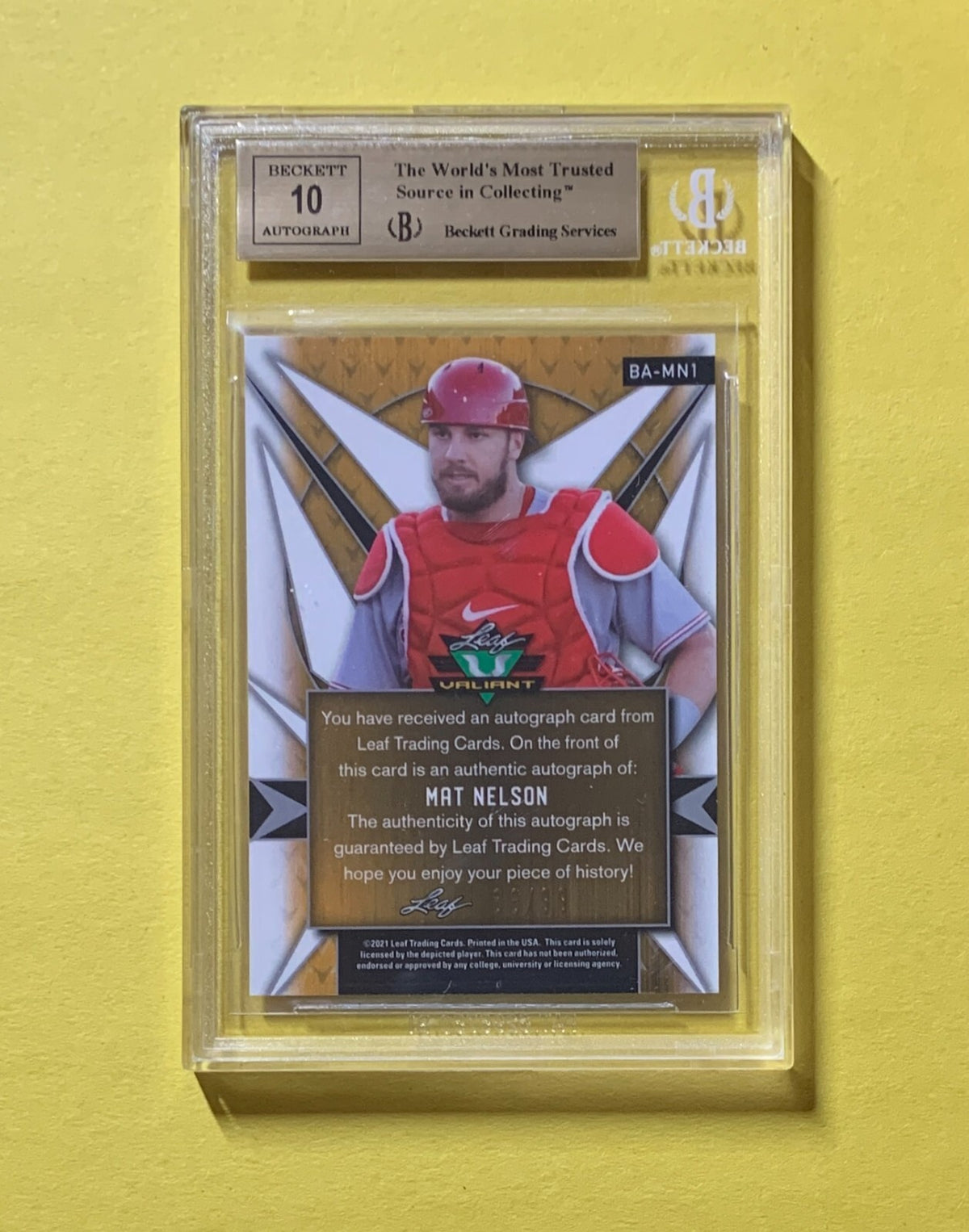 2021 LEAF VALIANT MAT NELSON ORANGE AUTO /99 #BAMN1 BGS GEM MINT 9.5 10 REDS