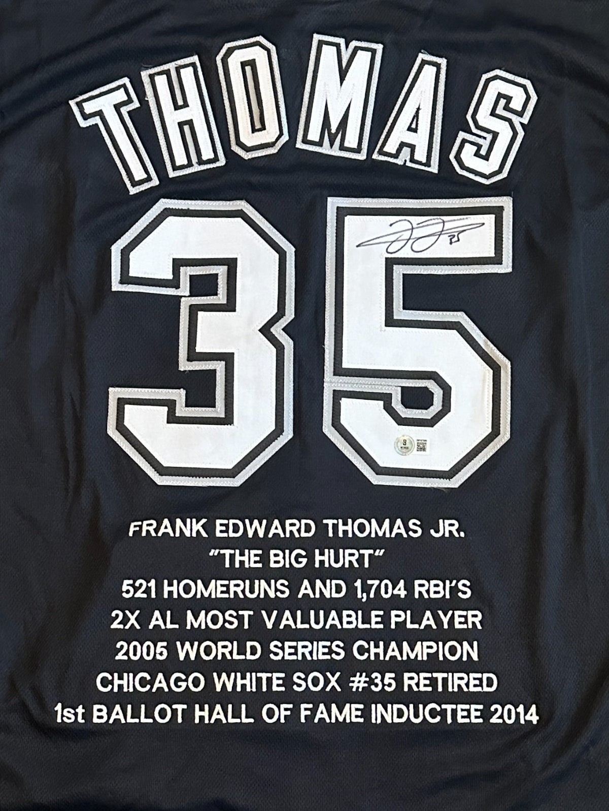 FRANK THOMAS WHITE SOX SIGNED AUTO STATISTIC BLACK STITCHED JERSEY SZ XL BECKETT