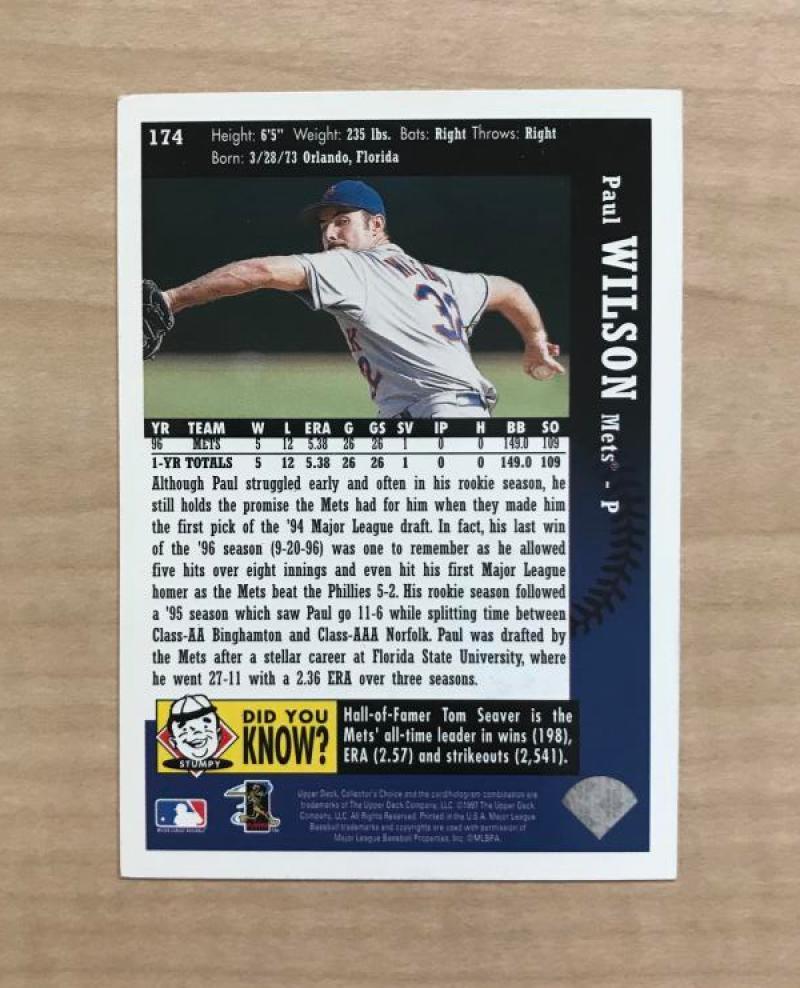 PAUL WILSON NEW YORK METS SIGNED AUTOGRAPHED 1997 UPPER DECK CARD #174 W/COA 