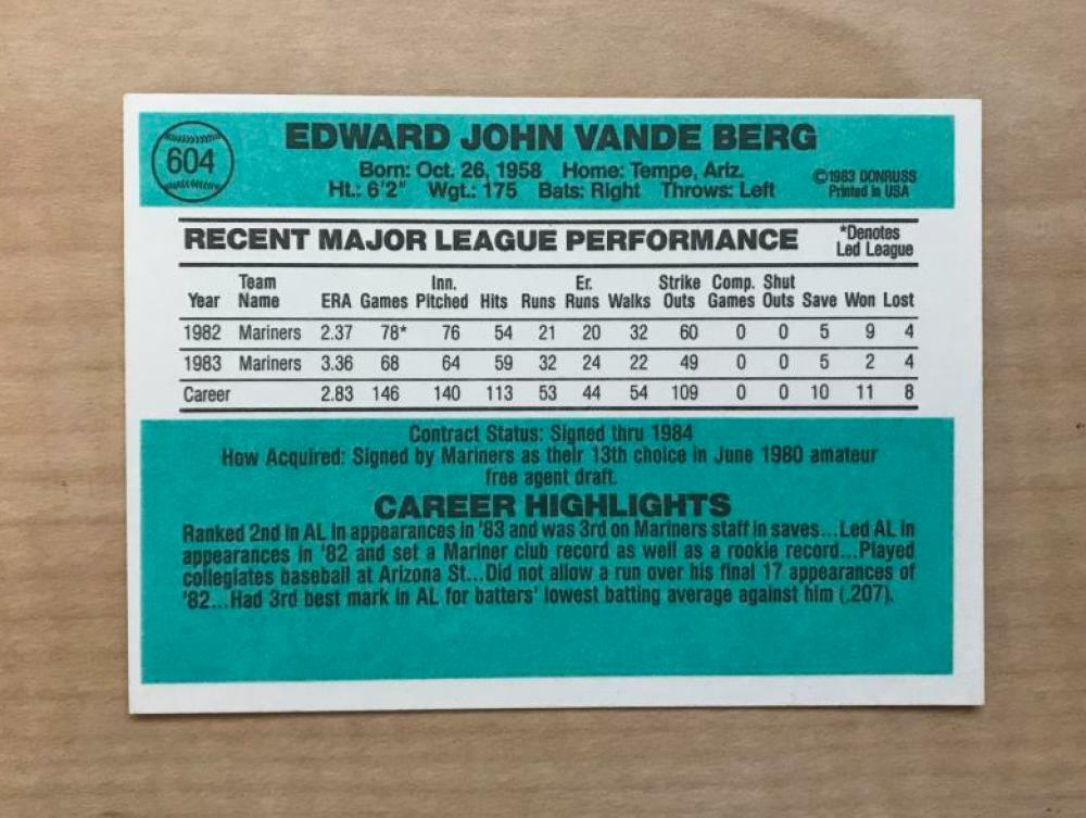 ED VANDE BERG SEATTLE MARINERS SIGNED AUTOGRAPHED 1984 DONRUSS CARD #604 W/COA