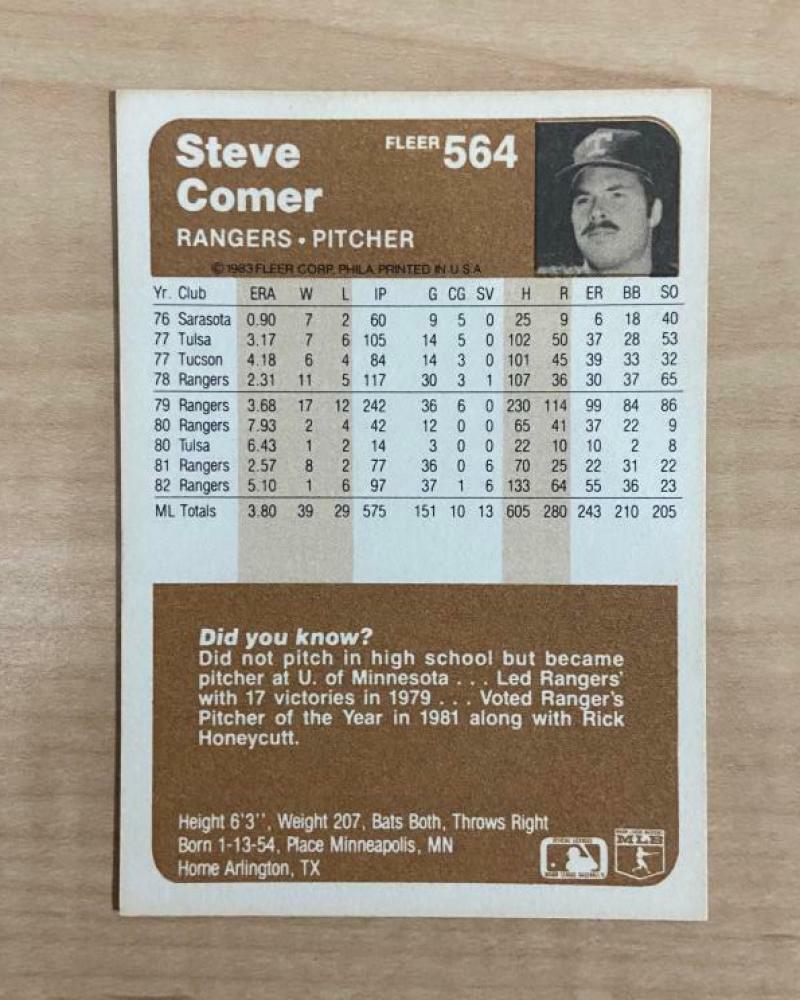 STEVE COMER TEXAS RANGERS SIGNED AUTOGRAPHED 1983 FLEER CARD #564 W/COA