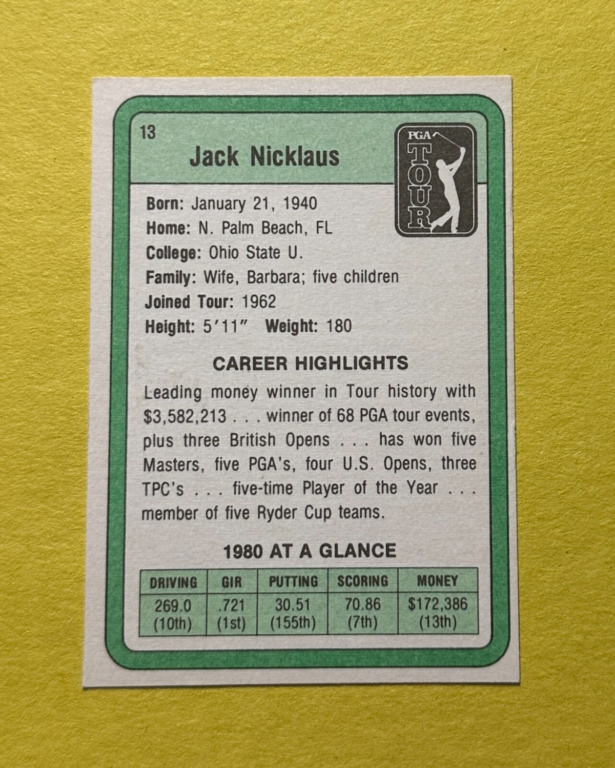 1981 DONRUSS PGA JACK NICKLAUS #13 HOF