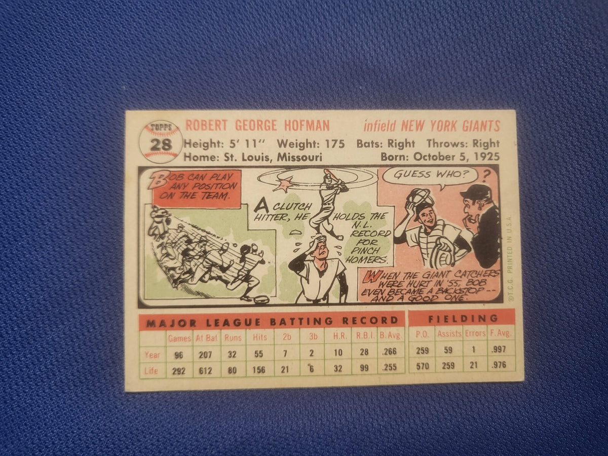 1956 TOPPS BOBBY HOFMAN NEW YORK GIANTS #28 CARD VINTAGE SET-BREAK WHITE BACK