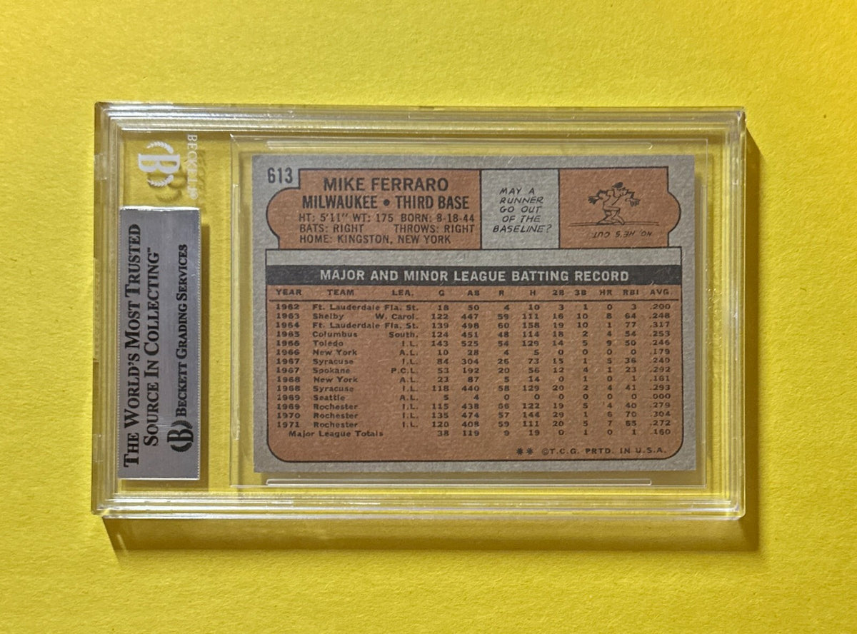 1972 TOPPS MIKE FERRARO #613 BECKETT AUTHENTIC SIGNED AUTO CARD BREWERS