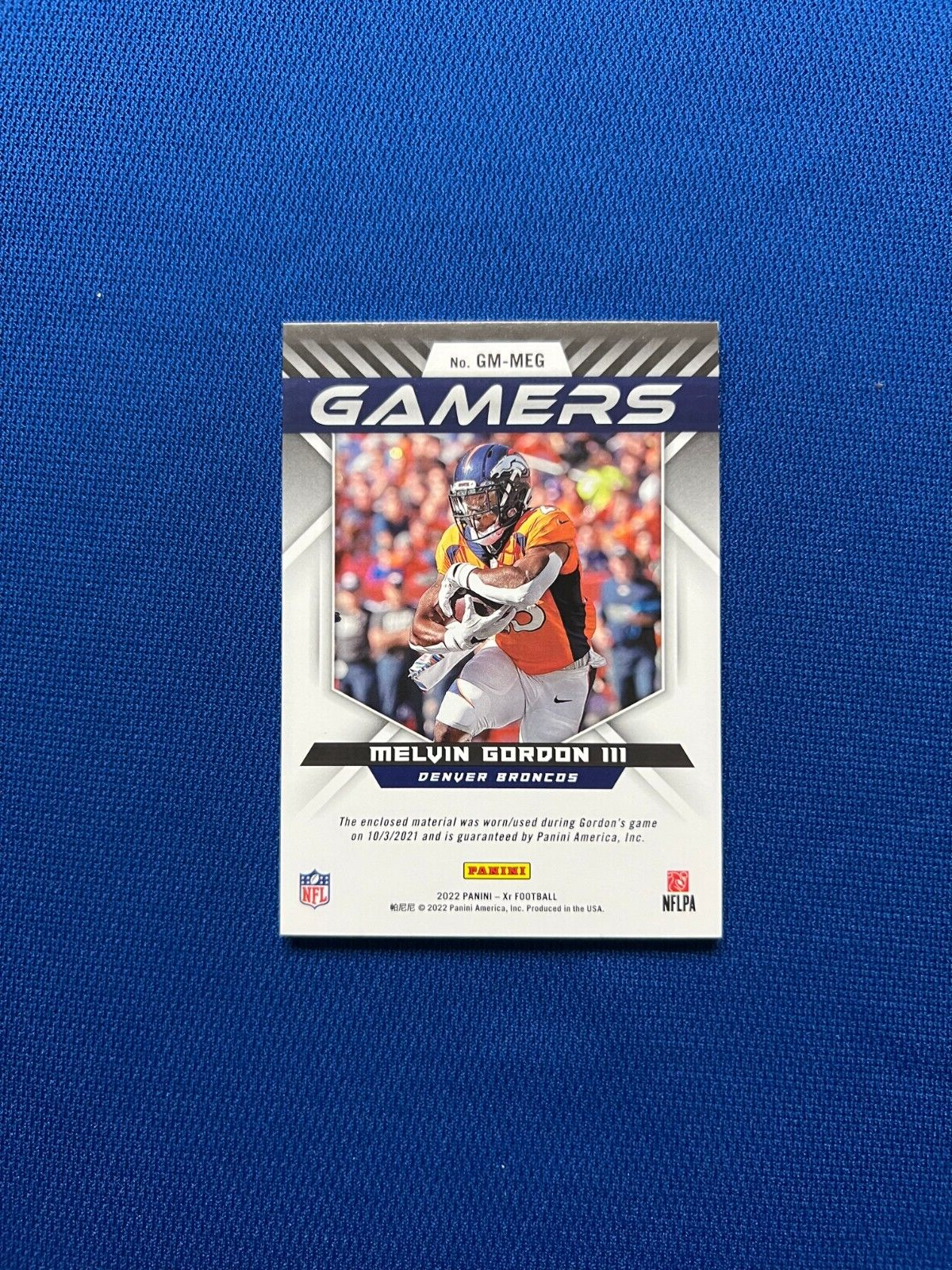 2022 PANINI XR MELVIN GORDON III DENVER BRONCOS GAMERS PATCH JERSEY /25 #GM-MEG