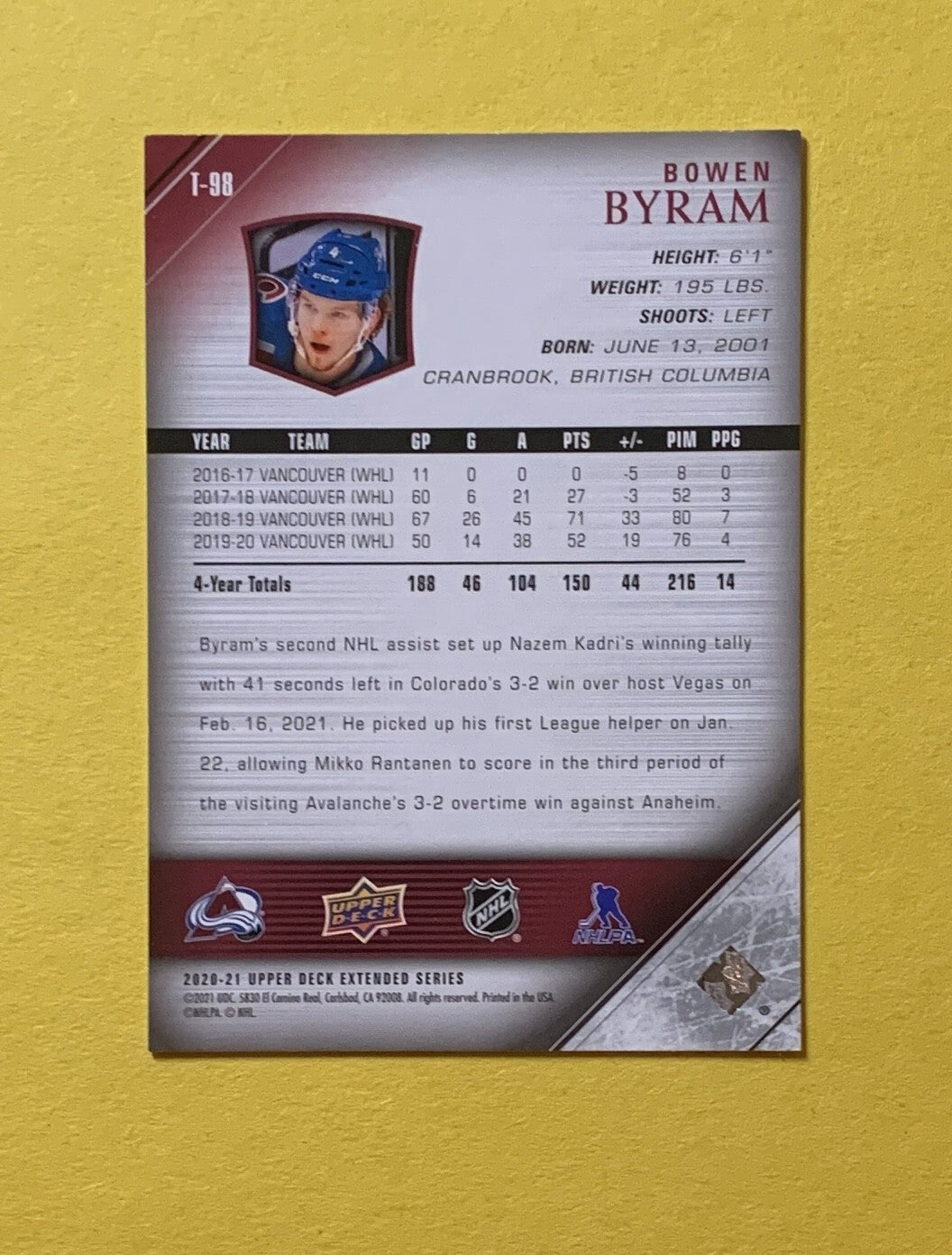 2020-21 UPPER DECK EXTENDED SERIES BOWEN BYRAM TRIBUTE YOUNG GUNS #T-98