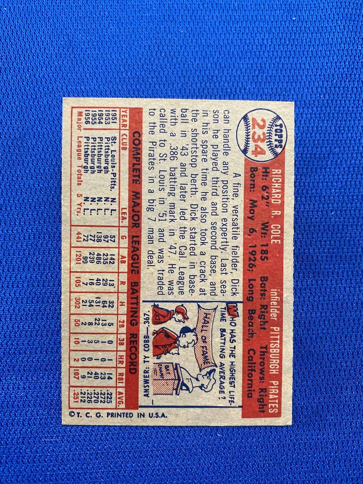 1957 TOPPS DICK COLE PITTSBURGH PIRATES #234 CARD VINTAGE SET-BREAK