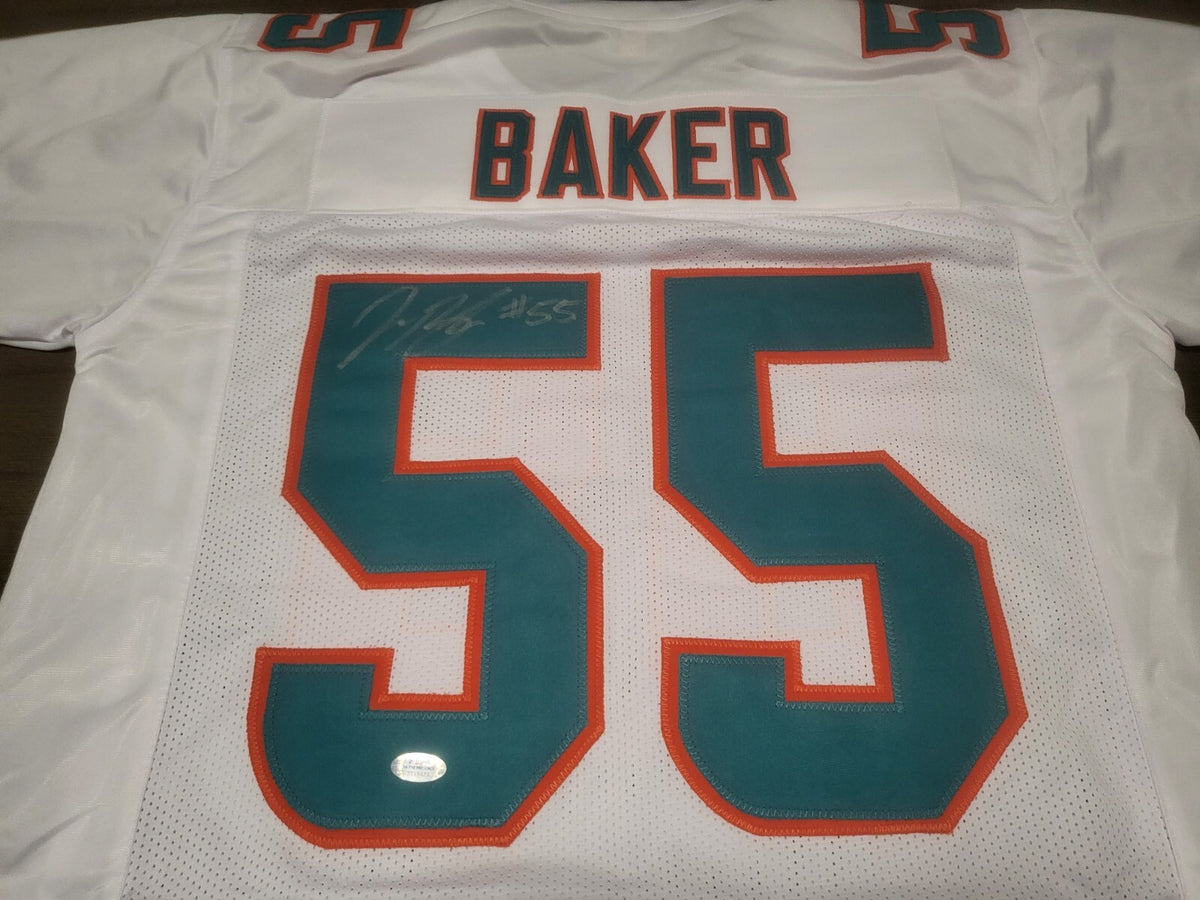 JEROME BAKER #55 MIAMI DOLPHINS SIGNED WHT CUSTOM JERSEY SZ XL PSA STICKER *