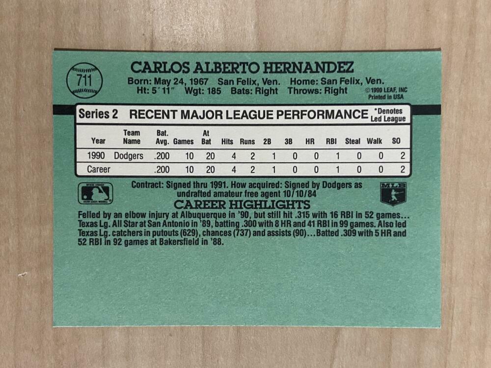 CARLOS HERNANDEZ LOS ANGELES DODGERS SIGNED 1991 DONRUSS CARD #711 W/COA