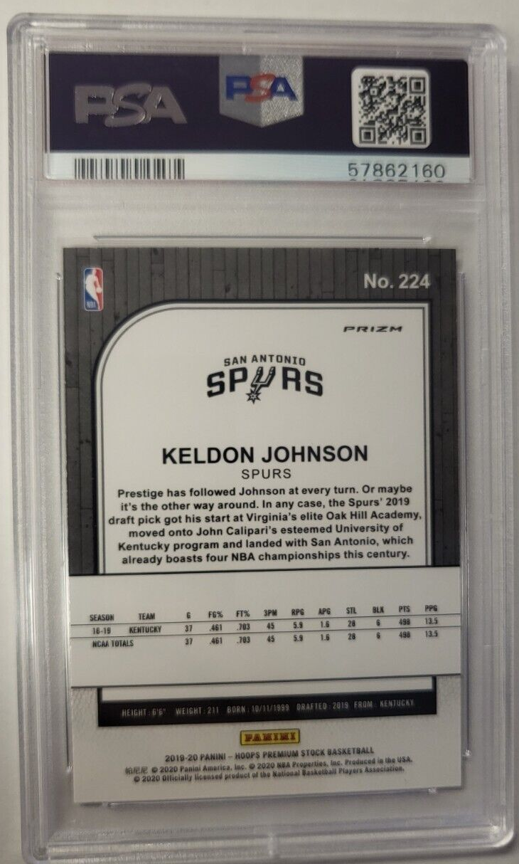 2019 HOOPS PREMIUM STOCK KELDON JOHNSON SILVER PRIZM PSA 9 MINT CARD