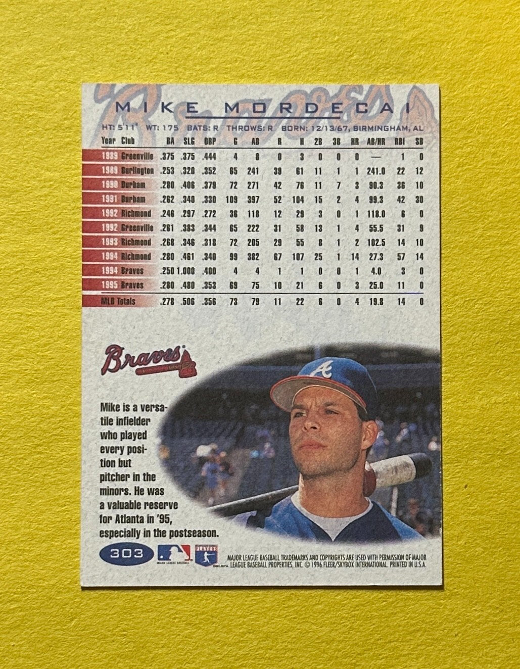 1996 FLEER MIKE MORDECAI SIGNED AUTOGRAPH CARD W/ COA #303 BRAVES