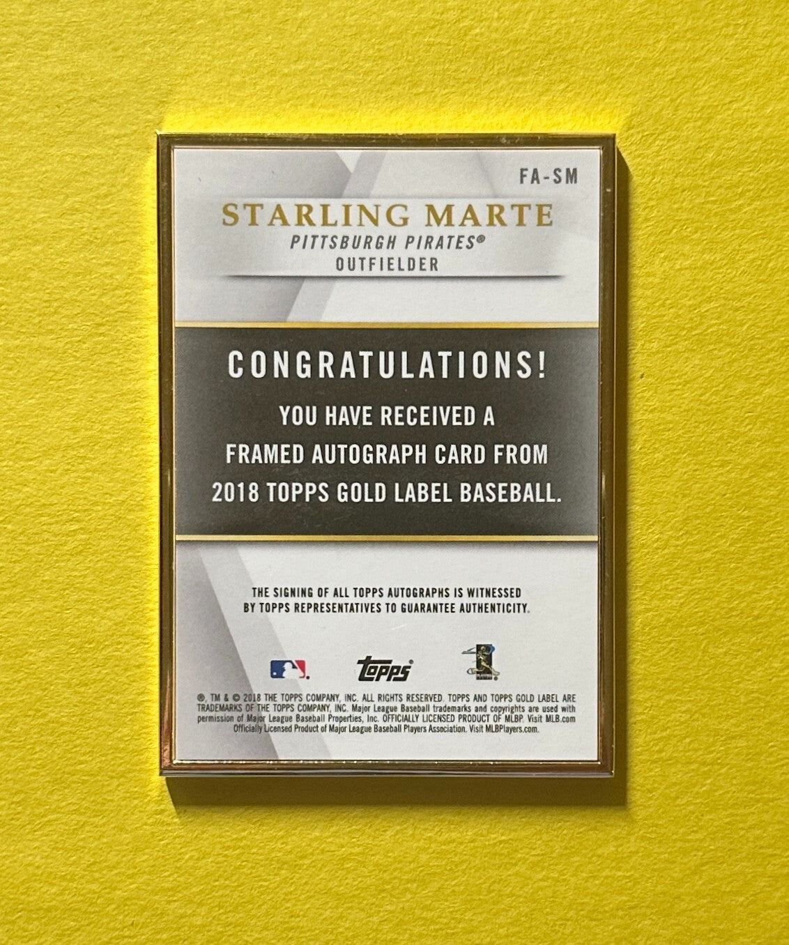 2018 TOPPS GOLD LABEL STARLING MARTE GOLD FRAMED AUTO #FA-SM PIRATES