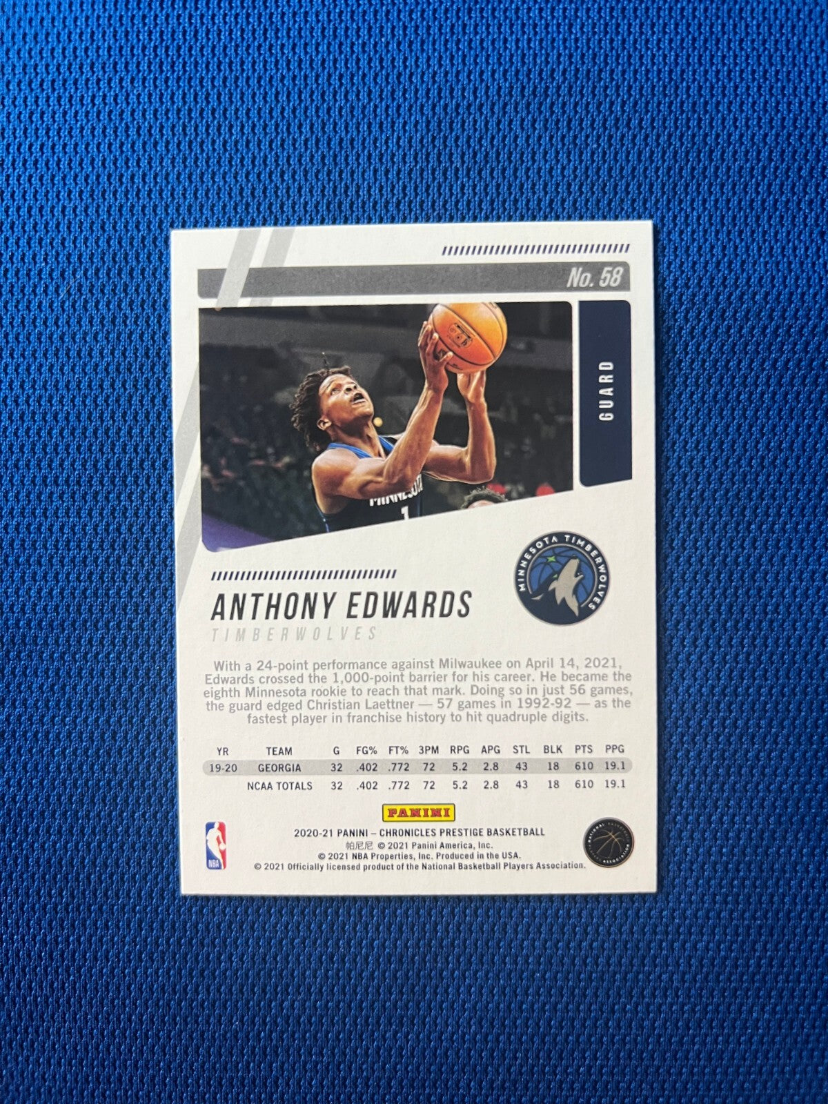 2020-21 PRESTIGE ANTHONY EDWARDS MINNESOTA TIMBERWOLVES RC ROOKIE CARD #58