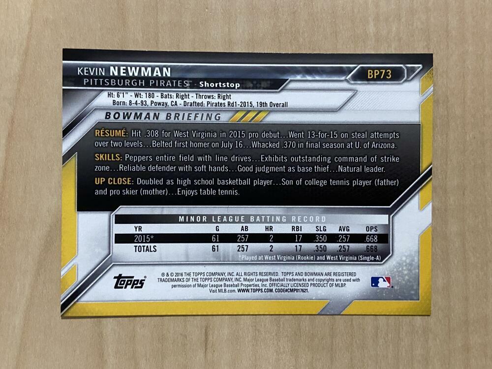 KEVIN NEWMAN PITTSBURGH PIRTAES SIGNED AUTOGRAPHED 2016 BOWMAN CARD #BP73 W/COA