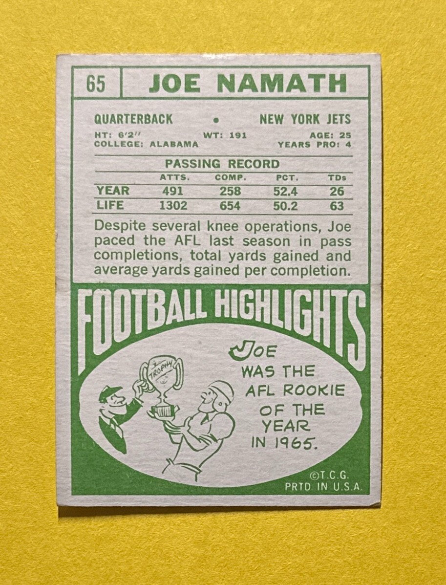 1968 TOPPS JOE NAMATH #65 JETS HOF