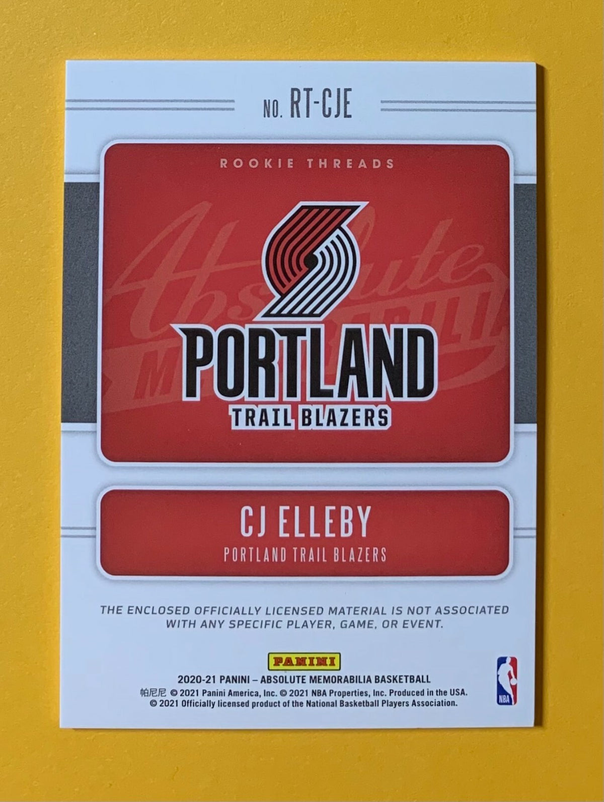 2021 PANINI ABSOLUTE ROOKIE THREADS CJ ELLEBY RELIC #RT-CJE TRAIL BLAZERS