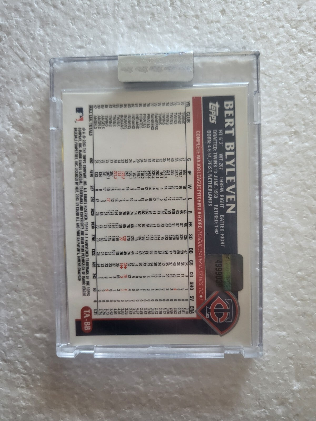 2003 TOPPS BERT BLYLEVEN MINNESOTA TWINS SIGNED AUTOGRAPHED AUTO CARD TA-BB
