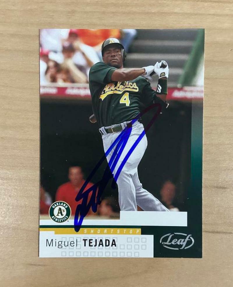 MIGUEL TEJADA OAKLAND ATHLETICS SIGNED AUTOGRAPHED 2004 LEAF CARD #68 W/COA