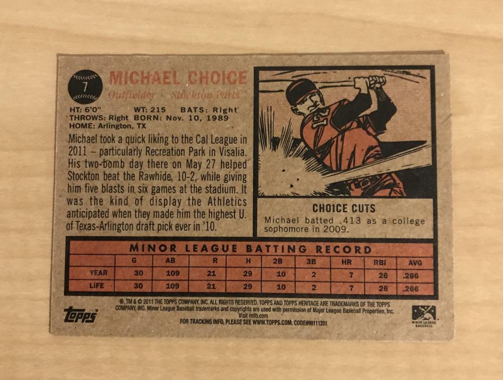 MICHAEL CHOICE STOCKTON PORTS SIGNED 2011 TOPPS HERITAGE MINORS CARD #7 W/COA 