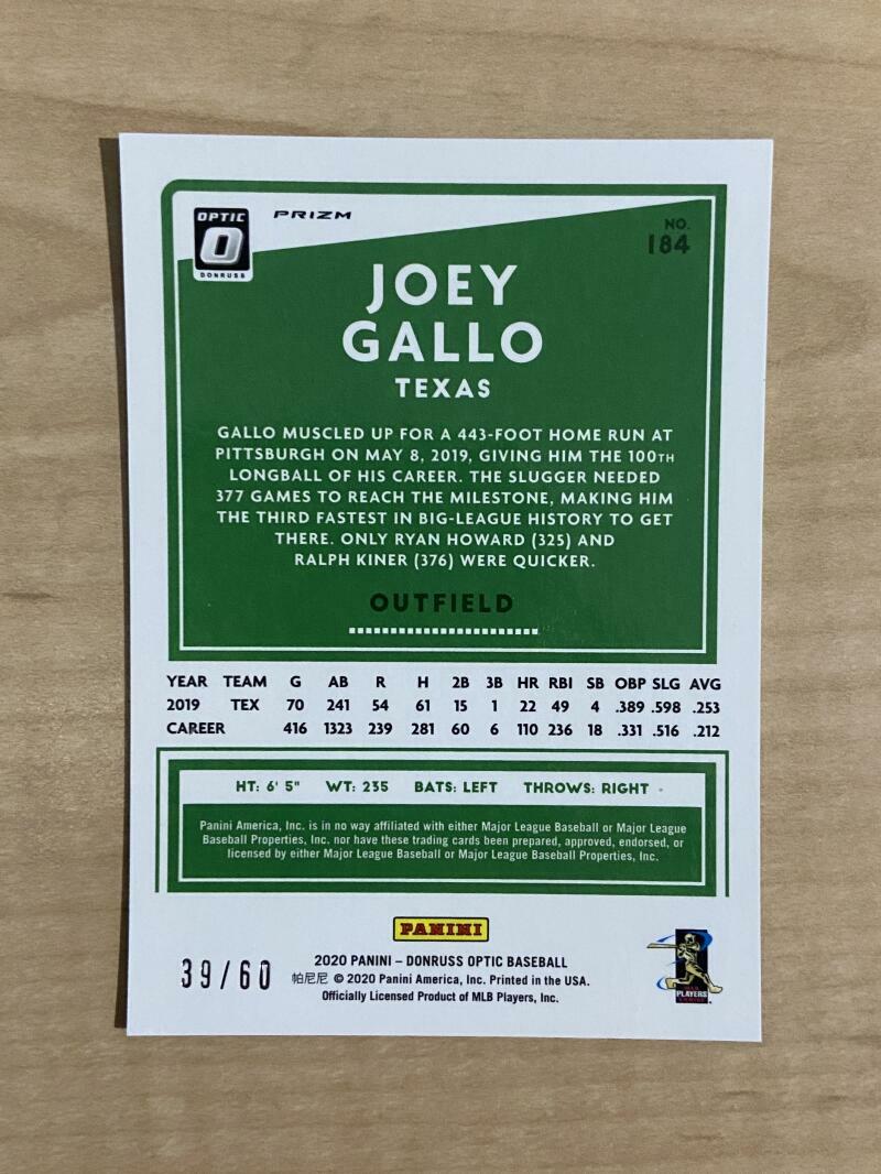 2020 DONRUSS OPTIC BASEBALL JOEY GALLO OPTIC RED #184 39/60