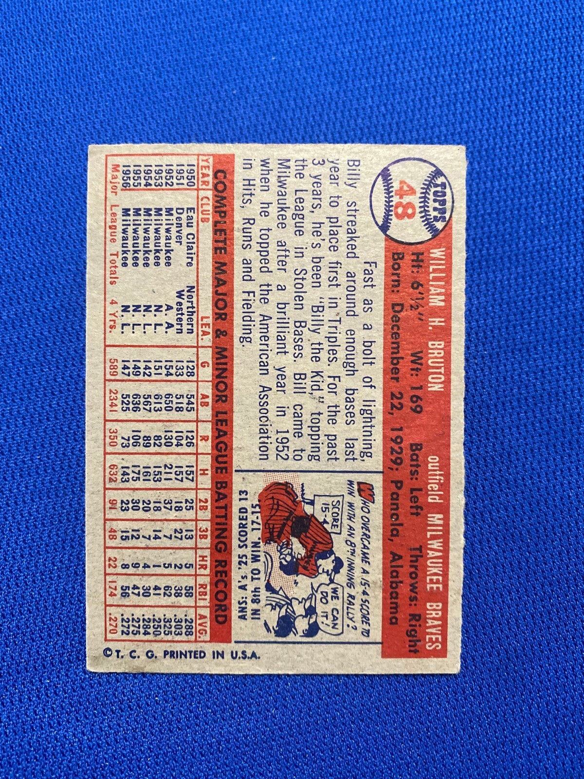 1957 TOPPS BILL BRUTON MILWAUKEE BRAVES #48 CARD VINTAGE SET-BREAK