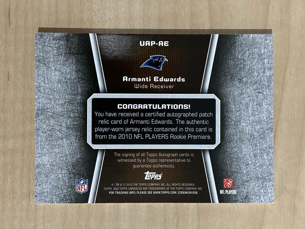 ARMANTI EDWARDS CAROLINA PANTHERS SIGNED 2010 TOPPS PATCH 336/349 CARD #UAP-AE