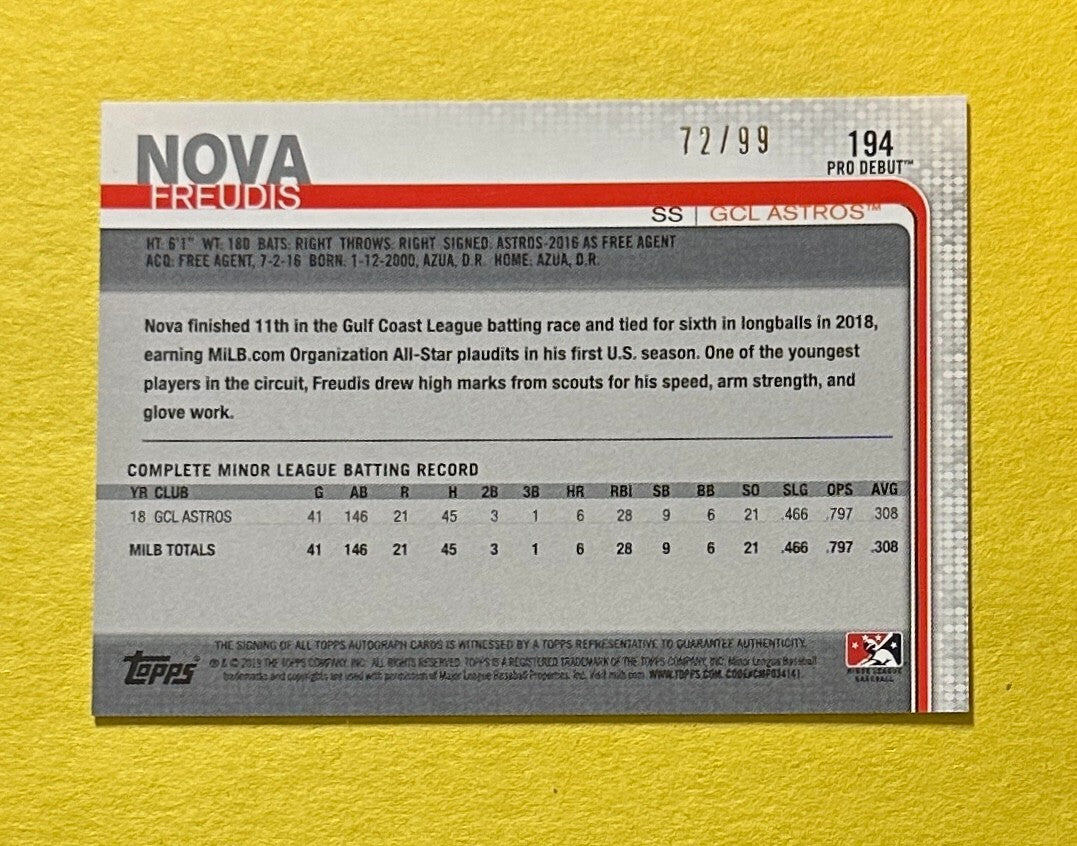 2019 TOPPS PRO DEBUT FREUDIS NOVA GREEN AUTO /99 #194 ASTROS