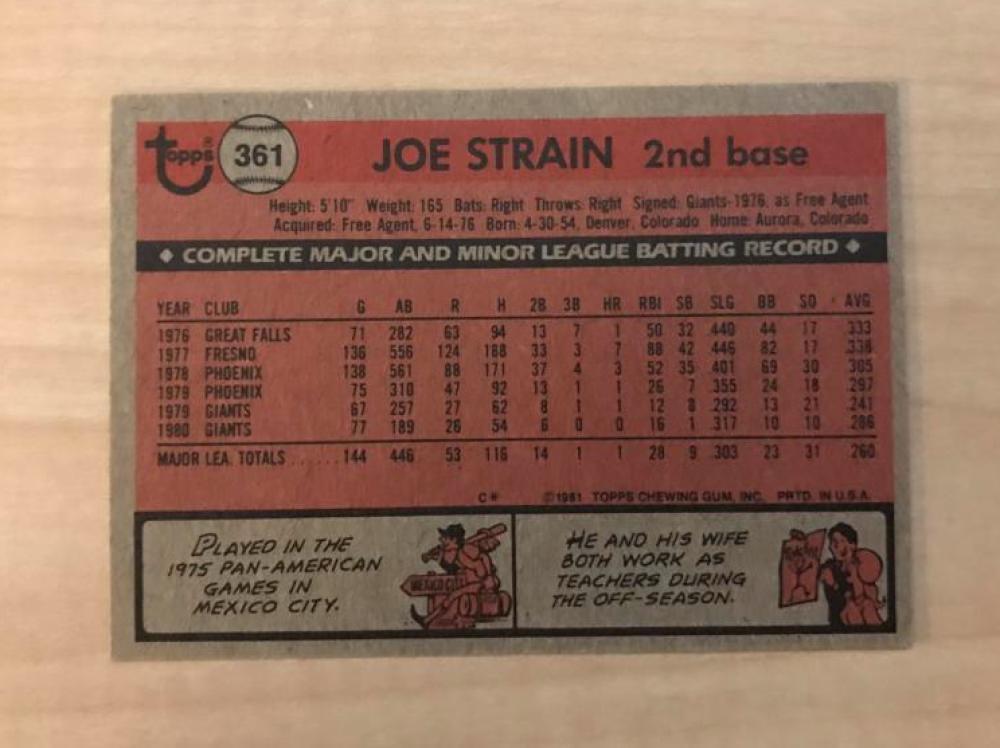 JOE STRAIN SAN FRANCISCO GIANTS SIGNED AUTOGRAPHED 1981 TOPPS CARD #361 W/COA