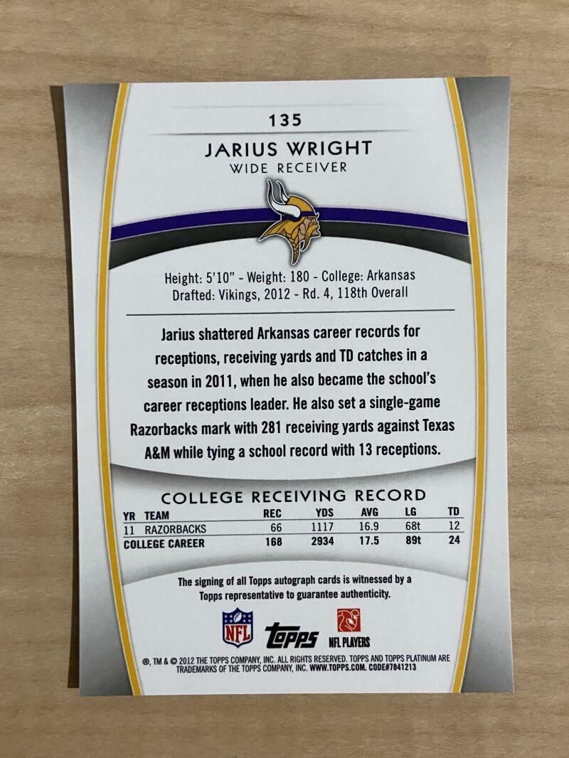 JARIUS WRIGHT MINNESOTA VIKINGS SIGNED AUTOGRAPHED 2012 TOPPS PLATINUM CARD #135