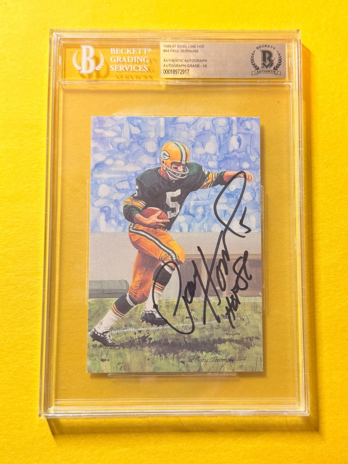 1989 GOAL LINE HOF PAUL HORNUNG #44 SIGNED ART BECKETT AUTHENTIC 10 "HOF 86"