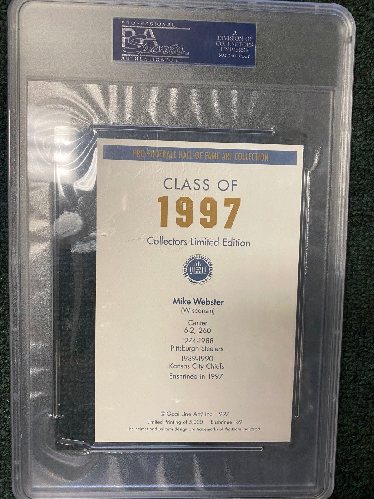 1997 GOAL LINE HOF 97 MIKE WEBSTER PITTSBURGH STEELERS SIGNED AUTOGRAPH PSA AUTH