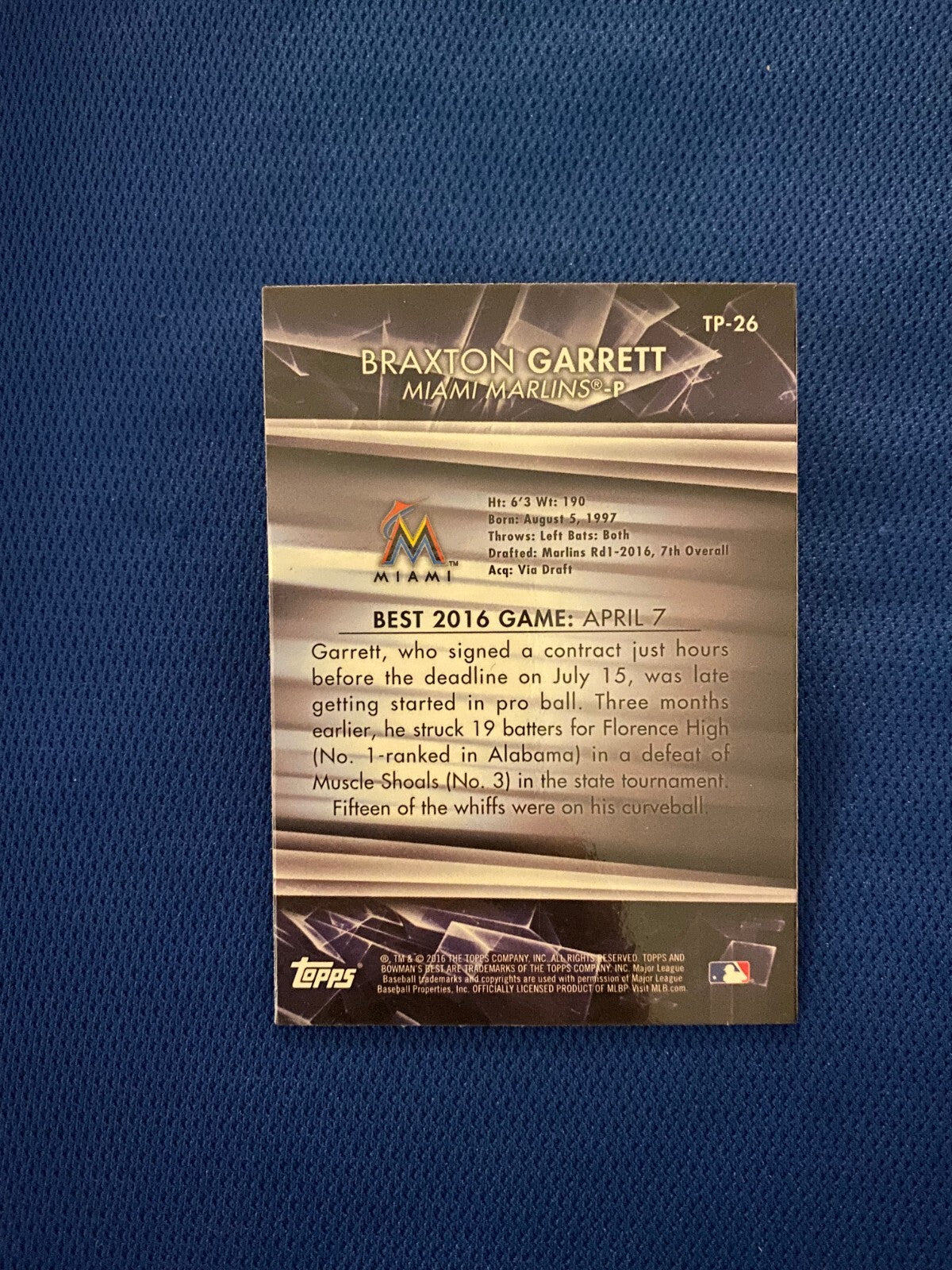 2016 BOWMAN BEST BRAXTON GARRETT MIAMI MARLINS AUTOGRAPH SIGNED CARD #TP-26 COA