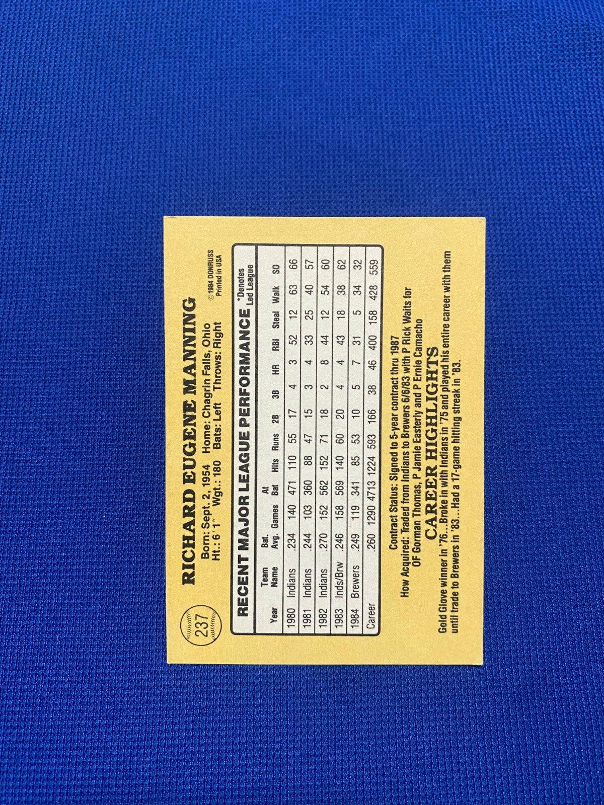 1985 DONRUSS RICK MANNING MILWAUKEE BREWERS SIGNED AUTOGRAPHED CARD #237 W/COA
