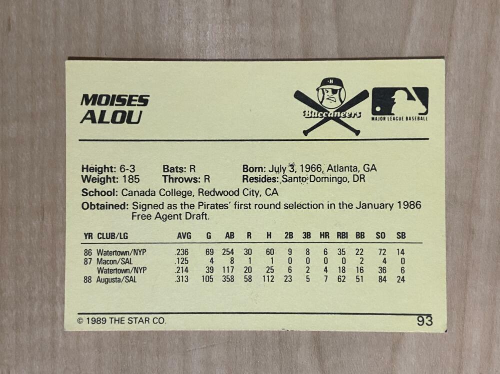 MOISES ALOU PITTSBURGH PIRATES SIGNED AUTOGRAPHED 1989 STAR CARD #93 W/COA